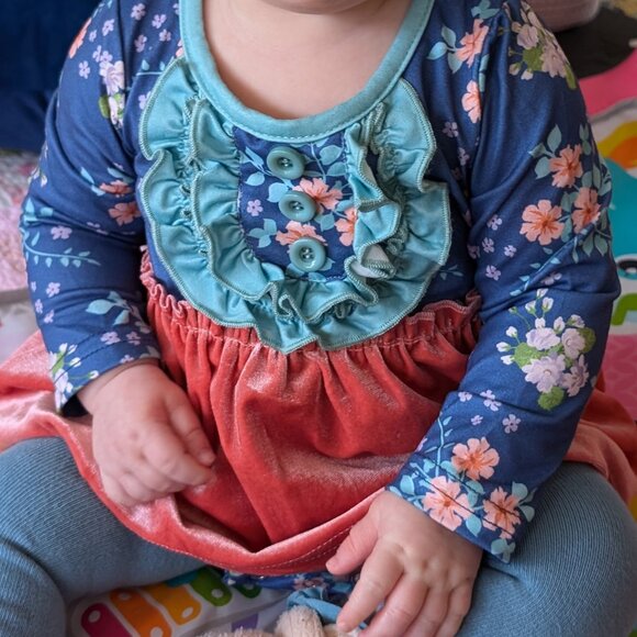Marie Nicole Rose Velvet & Blue Floral Ruffle Bubble 6-12 mos - Picture 4 of 4
